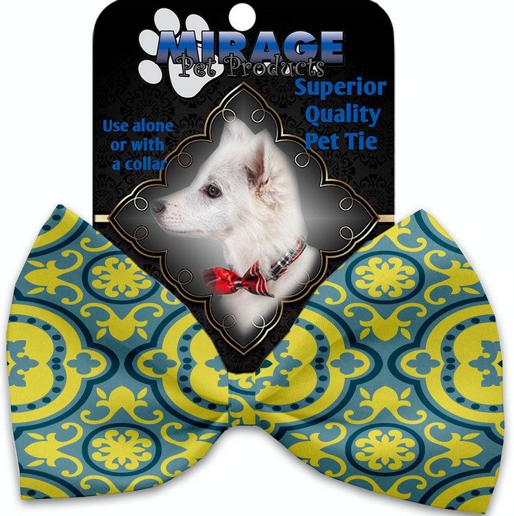 Blue and Yellow Moroccan Patterned Pet Bow Tie Collar Accessory with Velcro