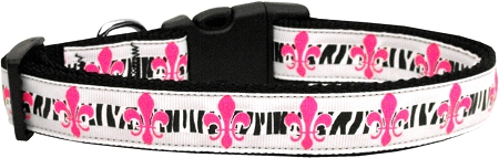 Pink Fleur de Lis Nylon Dog Collar Medium Narrow