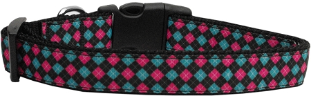 Pink and Blue Plaid Nylon Dog Collar XS