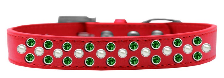 Sprinkles Dog Collar Pearl and Emerald Green Crystals Size 12 Red