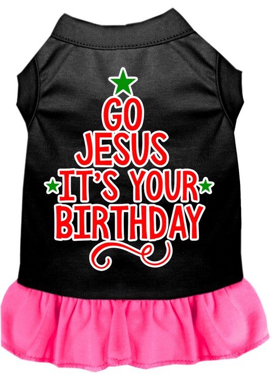 Go Jesus Screen Print Dog Dress Black with Bright Pink Lg