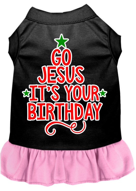 Go Jesus Screen Print Dog Dress Black with Light Pink Med