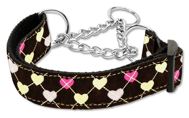 Argyle Hearts Nylon Ribbon Collar Martingale Brown Large