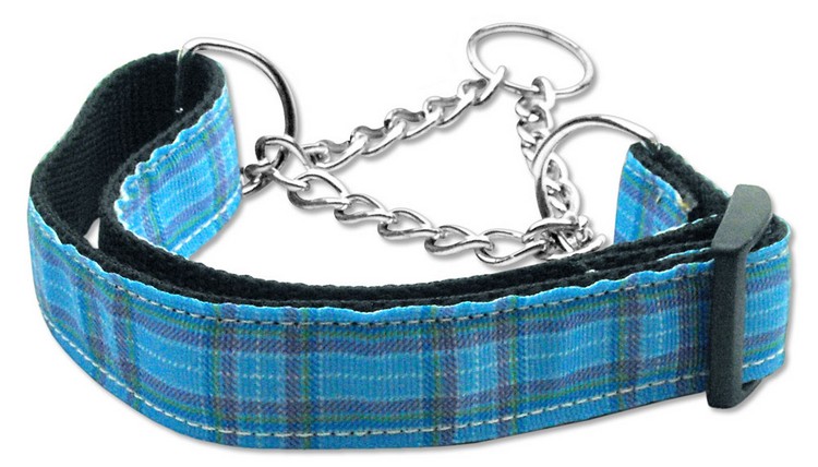 Plaid Nylon Collar Martingale Blue Medium