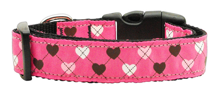 Argyle Hearts Nylon Ribbon Collar Bright Pink Medium