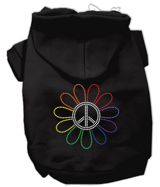 Rhinestone Rainbow Flower Peace Sign Hoodie Black XS