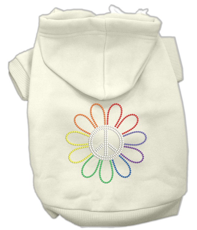 Rhinestone Rainbow Flower Peace Sign Hoodie Cream XS