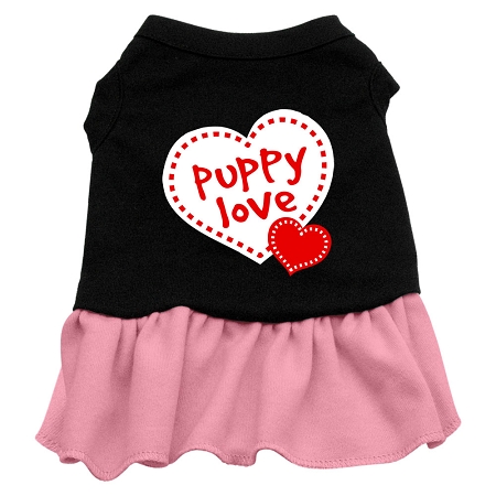 Puppy Love Screen Print Dog Dress Black with Light Pink Sm