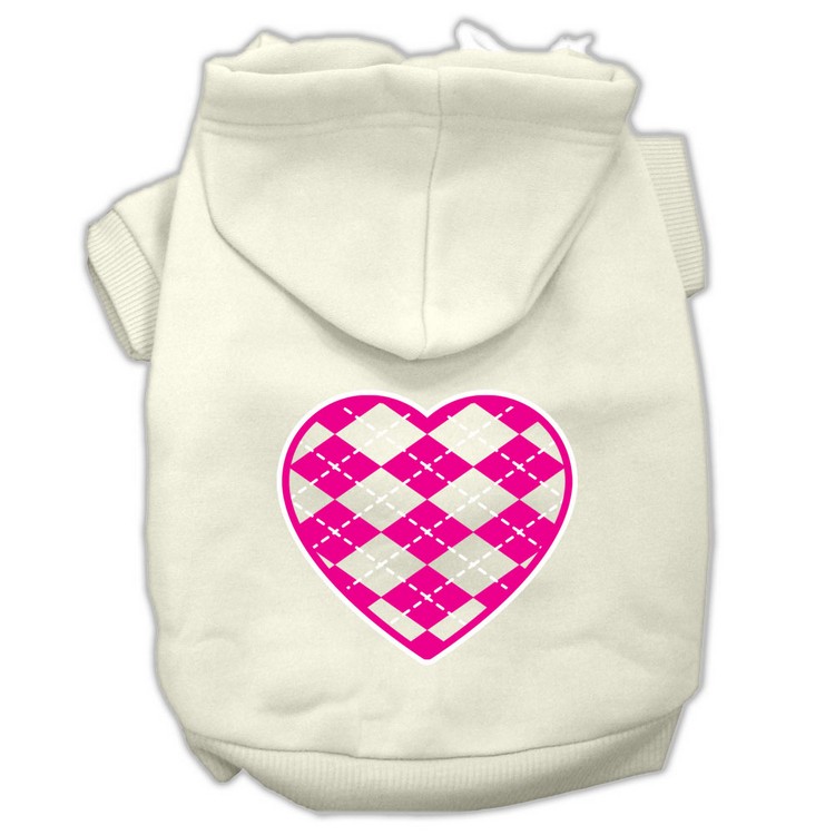 Argyle Heart Pink Screen Print Pet Hoodies Cream Size XS