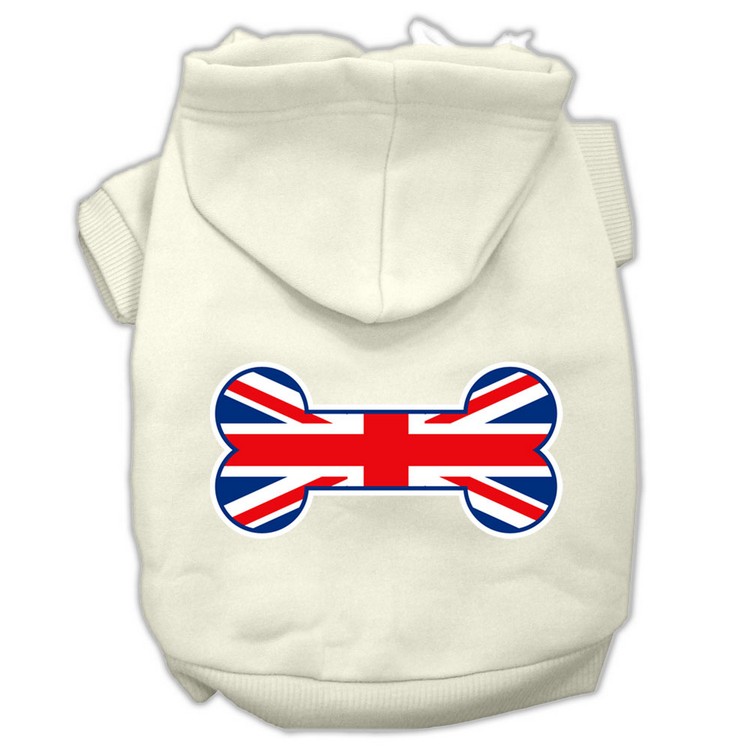 Bone Shaped United Kingdom (Union Jack) Flag Screen Print Pet Hoodies Cream Size XS