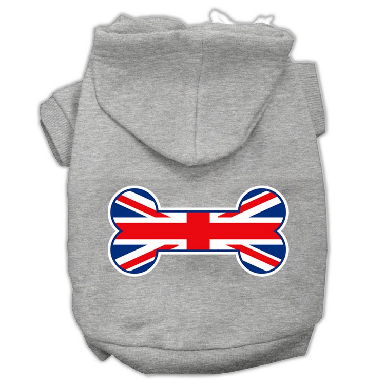 Bone Shaped United Kingdom (Union Jack) Flag Screen Print Pet Hoodies Grey XS