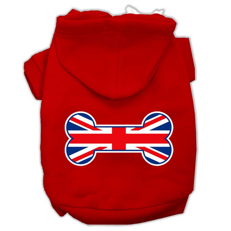 Bone Shaped United Kingdom (Union Jack) Flag Screen Print Pet Hoodies Red Size XS