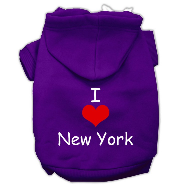 I Love New York Screen Print Pet Hoodies Purple Size XS