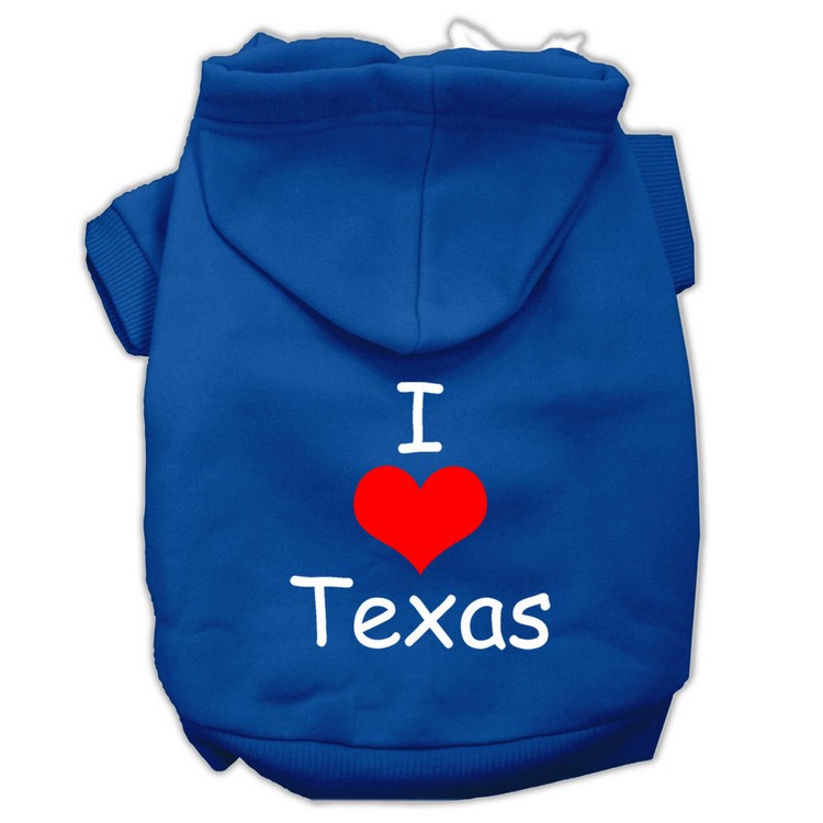 I Love Texas Screen Print Pet Hoodies Blue Size Lg