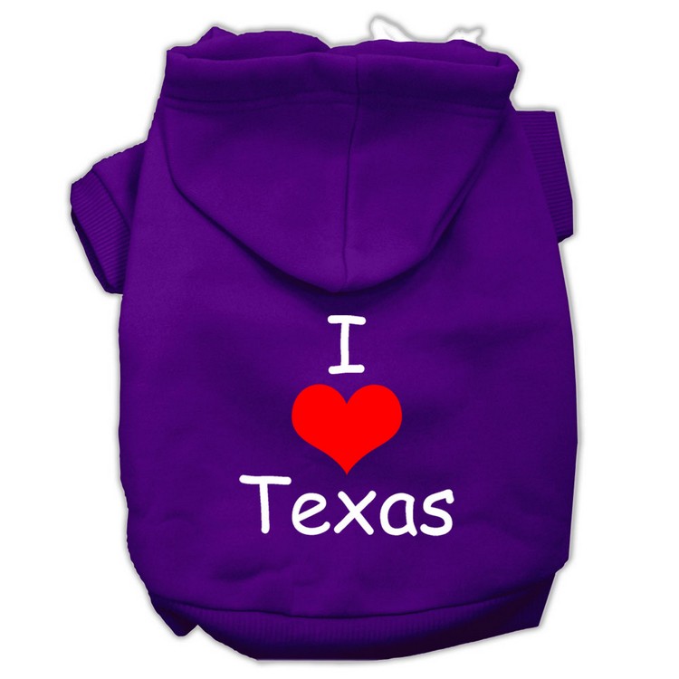 I Love Texas Screen Print Pet Hoodies Purple Size XS