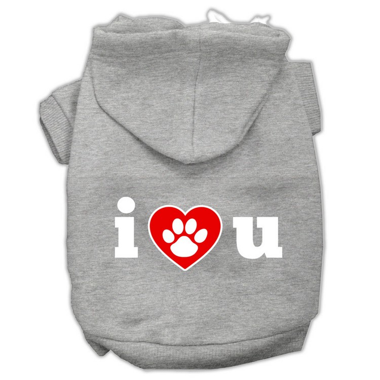 I Love U Screen Print Pet Hoodies Grey Size XS