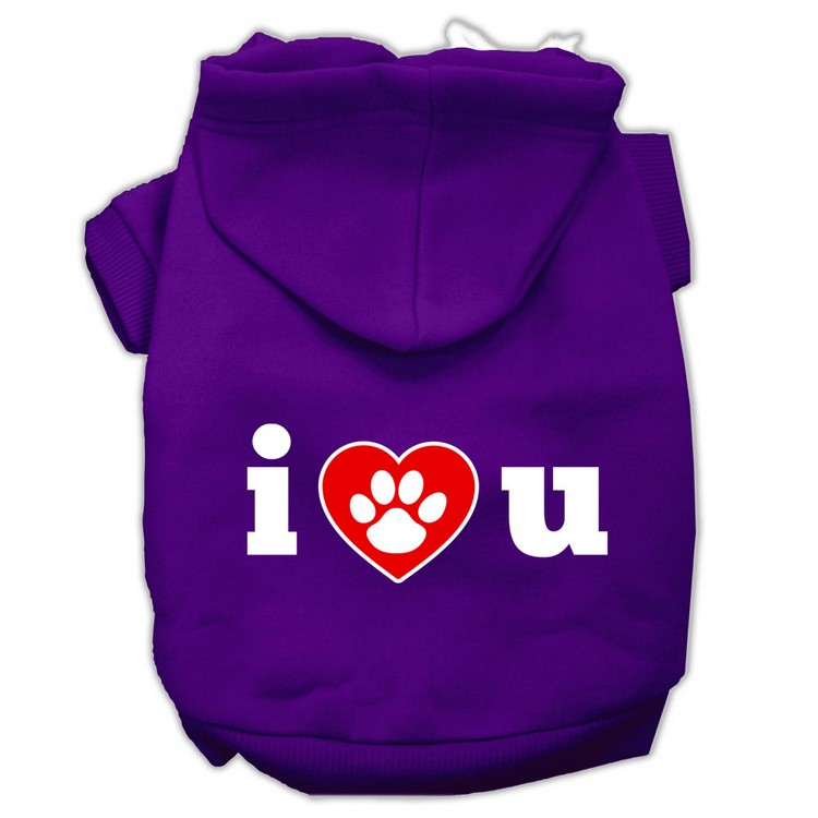 I Love U Screen Print Pet Hoodies Purple Size XS