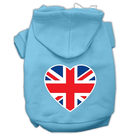 British Flag Heart Screen Print Pet Hoodies Baby Blue Size Lg