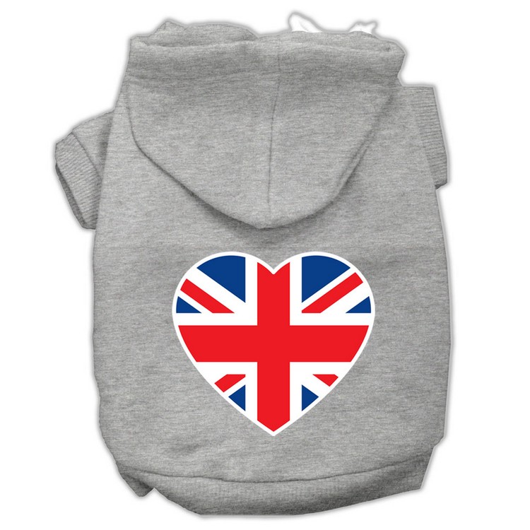 British Flag Heart Screen Print Pet Hoodies Grey Size Med