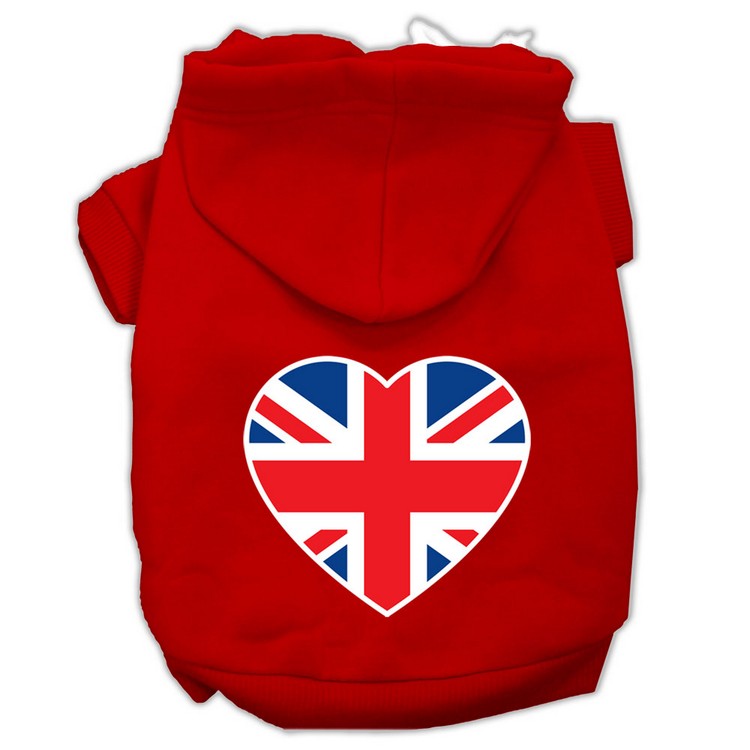 British Flag Heart Screen Print Pet Hoodies Red Size Med