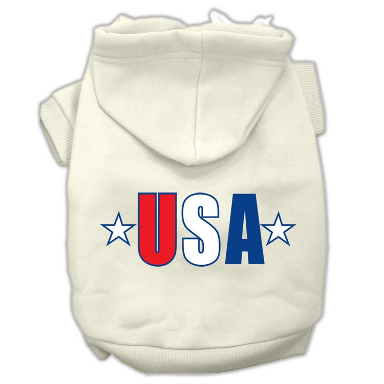 USA Star Screen Print Pet Hoodies Cream Size Med