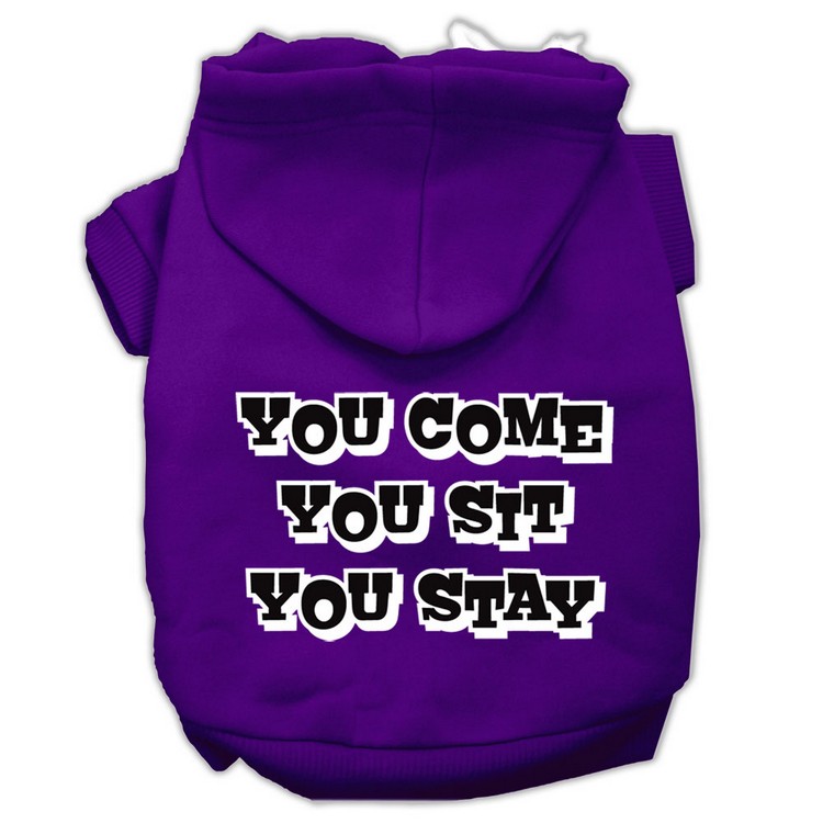 You Come, You Sit, You Stay Screen Print Pet Hoodies Purple Size XXL