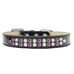 Two Row Pearl and Pink Crystal Size 12 Black Ice Cream Dog Collar