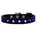 Crystal and Blue Spikes Dog Collar Black Size 10