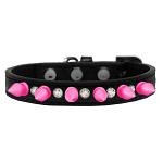 Crystal and Bright Pink Spikes Dog Collar Black Size 10