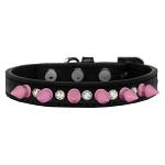 Crystal and Light Pink Spikes Dog Collar Black Size 10