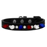 Crystal with Red, White and Blue Spikes Dog Collar Black Size 10