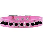 Double Crystal and Black Spikes Dog Collar Bright Pink Size 12