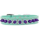 Double Crystal and Purple Spikes Dog Collar Aqua Size 12