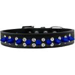 Double Crystal and Blue Spikes Dog Collar Black Size 12