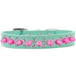 Double Crystal and Bright Pink Spikes Dog Collar Aqua Size 12