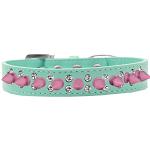 Double Crystal and Light Pink Spikes Dog Collar Aqua Size 12