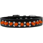 Double Crystal and Neon Orange Spikes Dog Collar Black Size 12