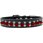 Double Crystal and Red Spikes Dog Collar Black Size 12