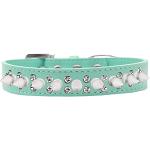 Double Crystal and White Spikes Dog Collar Aqua Size 12