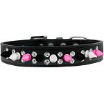 Double Crystal with Black, White and Bright Pink Spikes Dog Collar Black Size 12