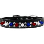 Double Crystal with Red, White and Blue Spikes Dog Collar Black Size 12