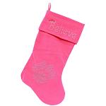 Believe Rhinestone 18 inch Velvet Christmas Stocking Pink