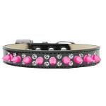 Double Crystal and Bright Pink Spikes Dog Collar Black Ice Cream Size 12