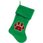 Argyle Paw Red Screen Print 18 inch Velvet Christmas Stocking Green