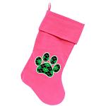 Argyle Paw Green Screen Print 18 inch Velvet Christmas Stocking Pink