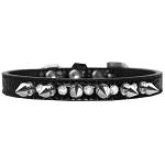 Silver Spike and Clear Jewel Croc Dog Collar Black Size 10